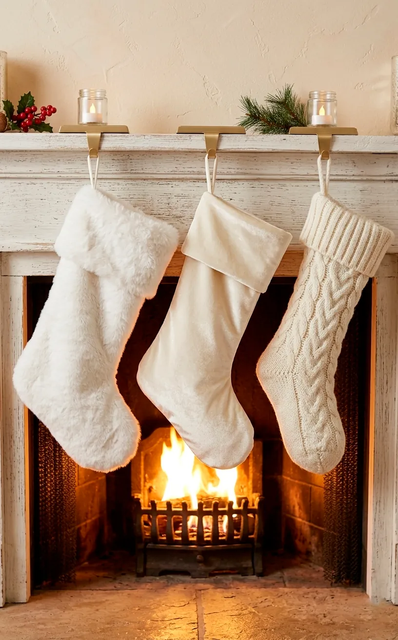White faux fur and knit stockings hanging from gold holders on a winter mantel.