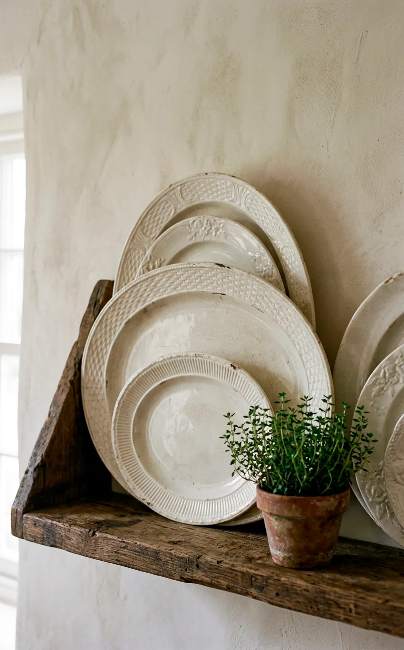 Vintage white ironstone platters stacked on a rustic open kitchen shelf with a thyme plant.