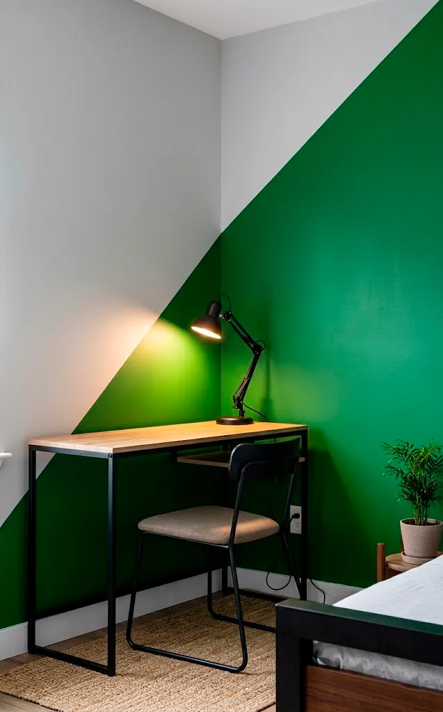 Diagonal color blocked wall in grey and green in a sleek modern kids study area.