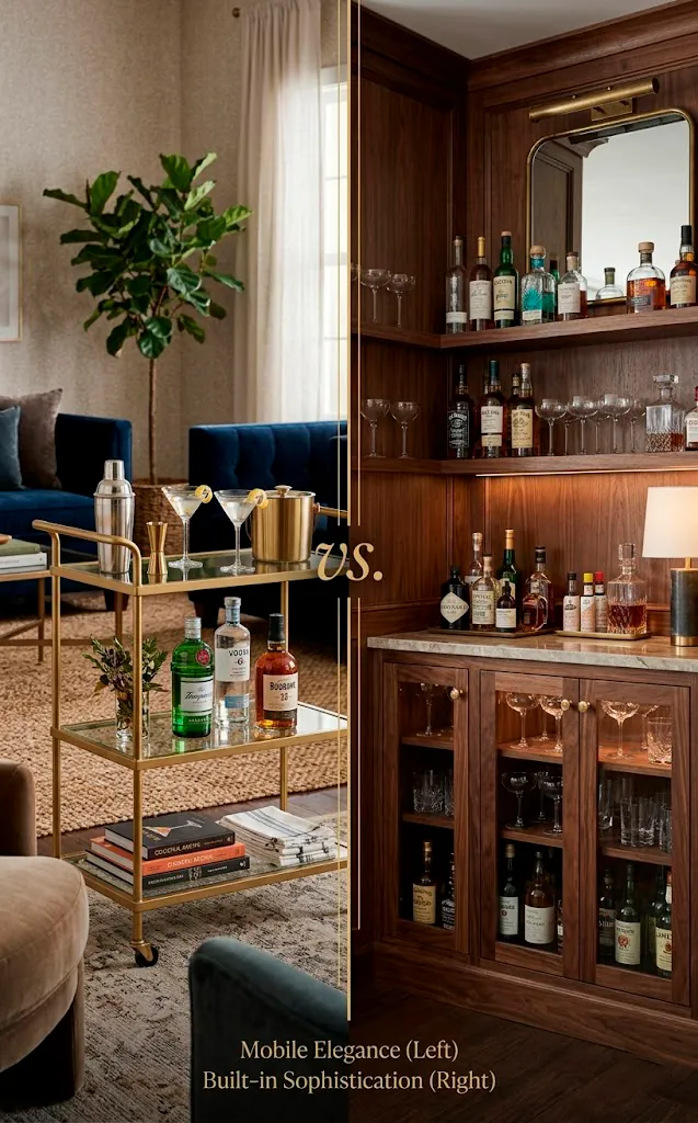 Comparison of a gold rolling bar cart and a built-in dark wood liquor cabinet.