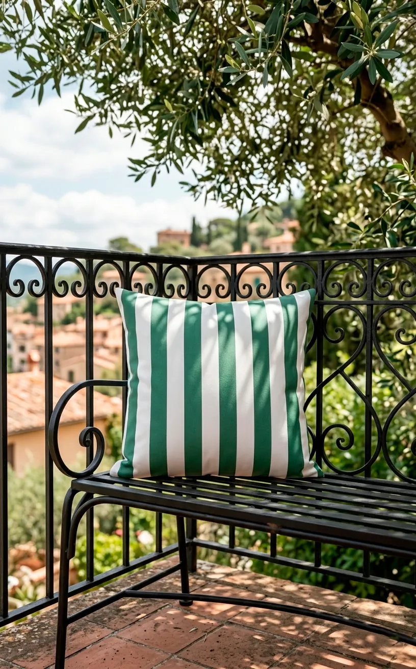 Clean green and white striped anti-microbial outdoor pillow on an iron balcony bench.