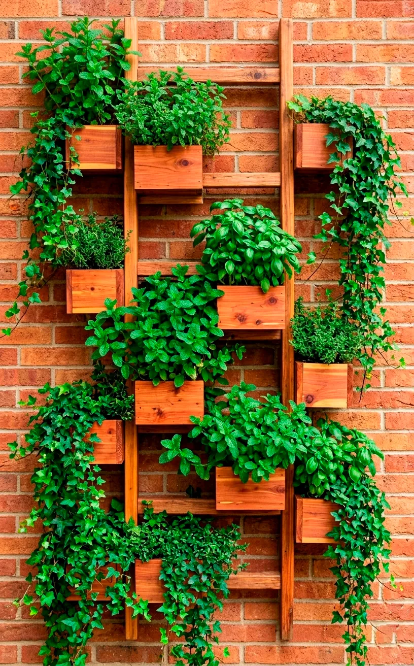 A cedar vertical planter wall filled with fresh green herbs and trailing ivy.