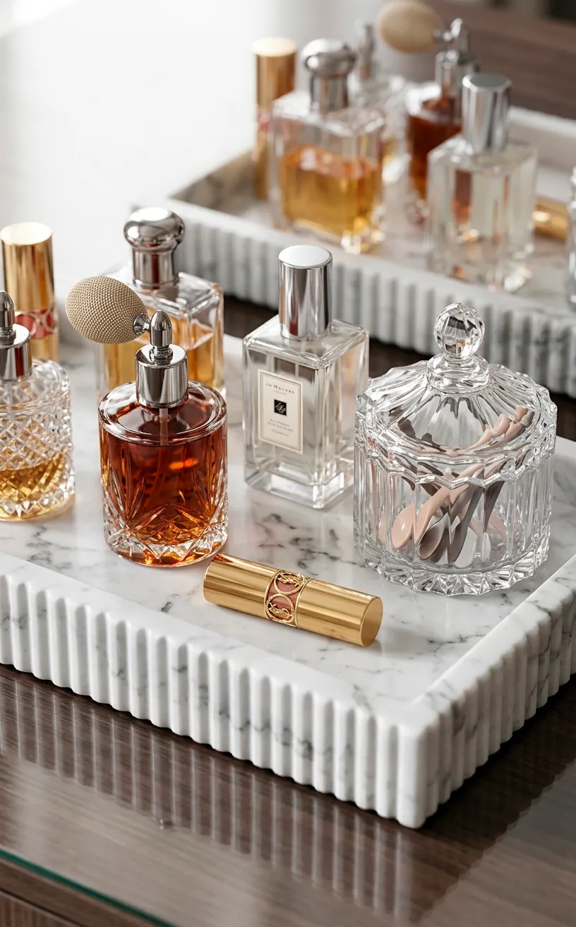 A luxury white marble vanity tray holding designer perfume bottles and glass cosmetic jars.