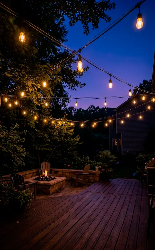 Edison-style string lights hanging in a zigzag pattern over a patio at night.