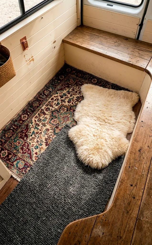 Asymmetrical layering of sheepskin and vintage rugs in a van corner.