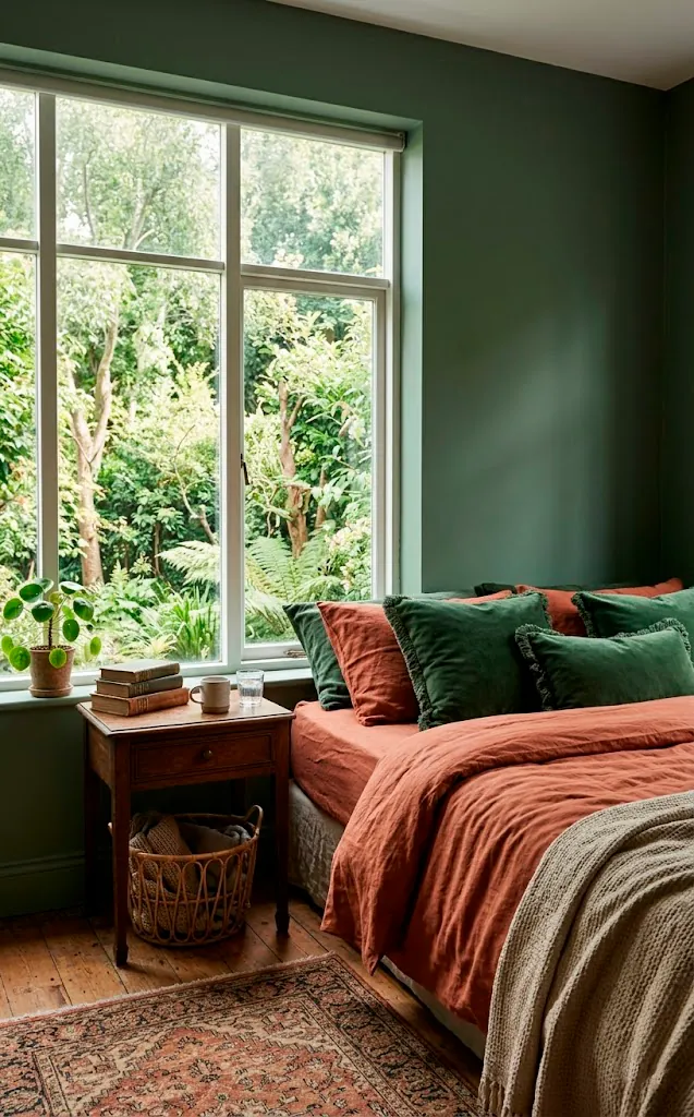 Serene bedroom with sage green walls and terracotta linen bedding under soft natural light.