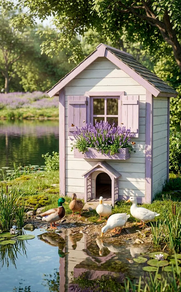 Miniature white duck house with lavender trim and window boxes.