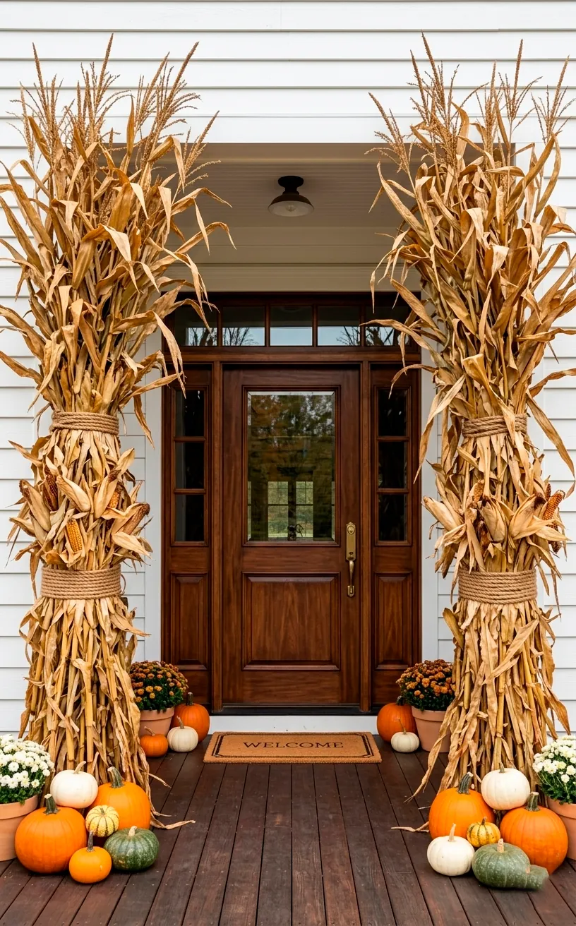 Large bundles of dried corn stalks flanking a white farmhouse front door.