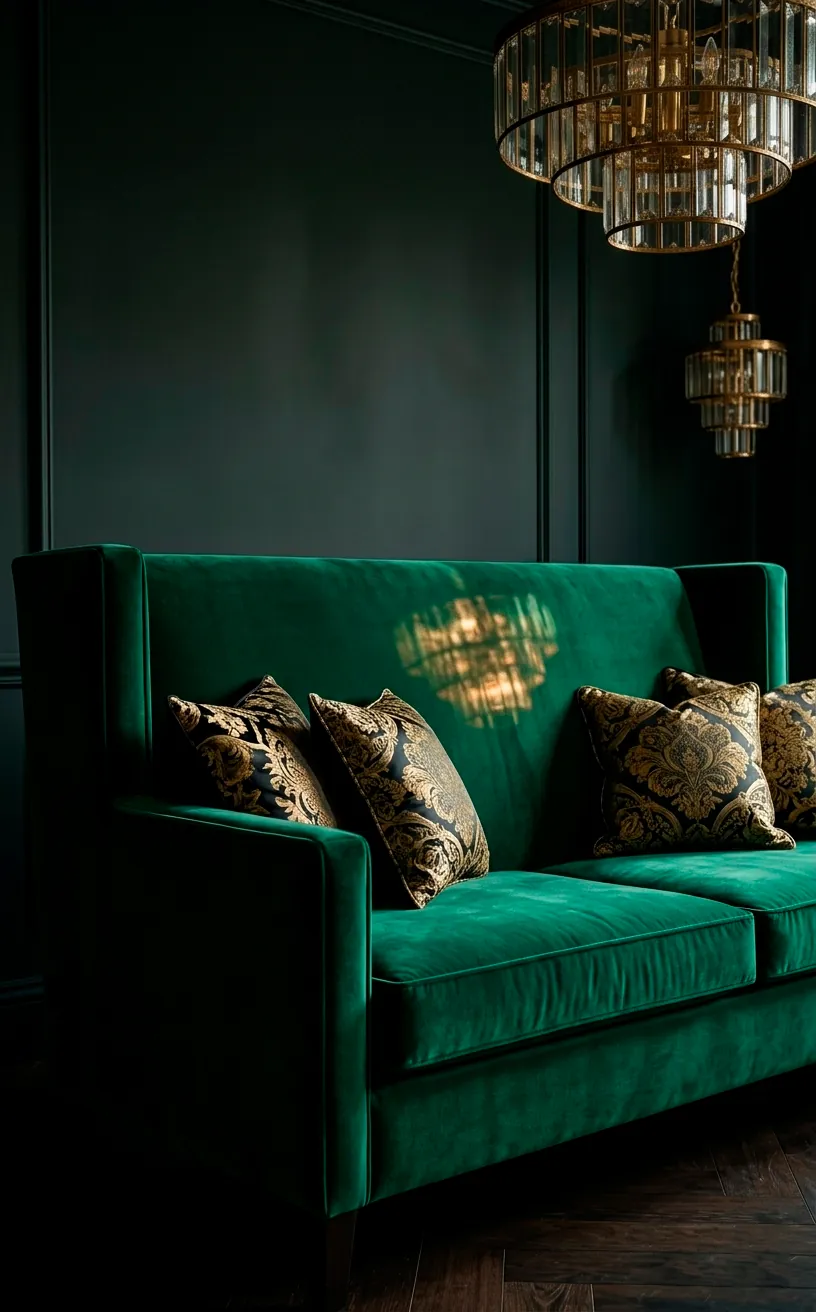 Tuxedo style emerald green velvet sofa with high arms and decorative pillows in a moody room.