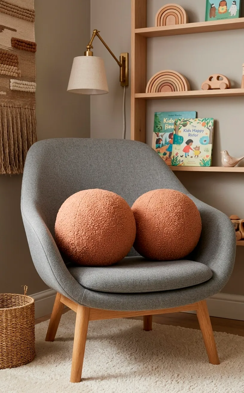 Two round terracotta bouclé ball pillows sitting on a grey armchair in a modern kids room.