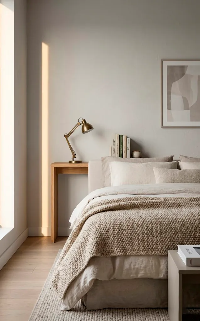 Modern small bedroom featuring a bed with a console table used as a headboard shelf.