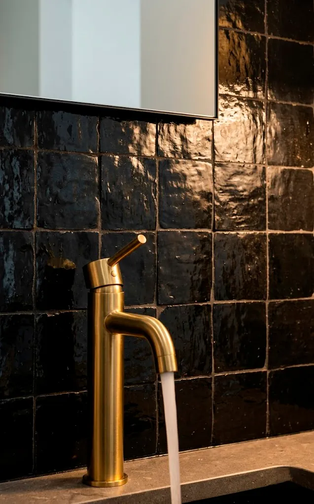 Glossy black Zellige tile backsplash with a wall-mounted gold faucet.