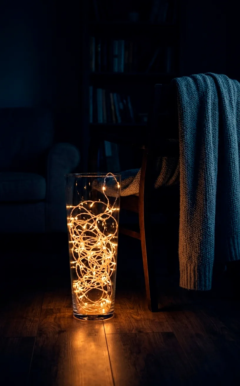 Warm white fairy lights inside a glass floor vase in a dark minimalist room.