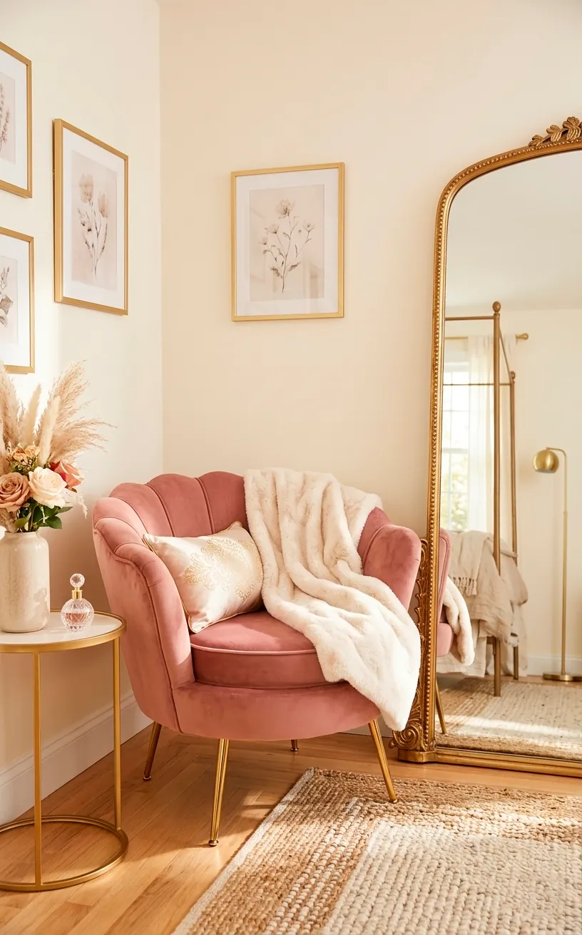 Dusty rose velvet scalloped back chair with elegant gold legs.