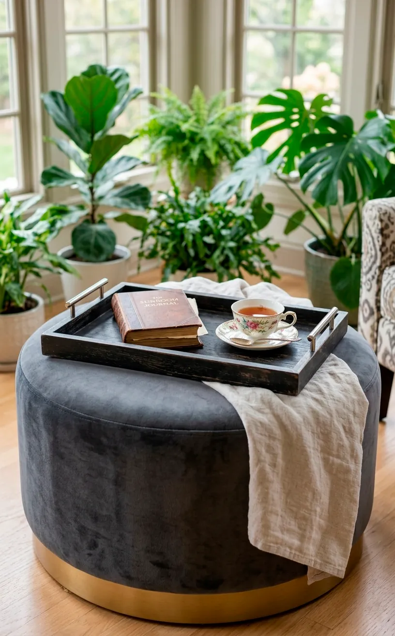 Charcoal velvet ottoman with gold base used as a coffee table in a sunroom.