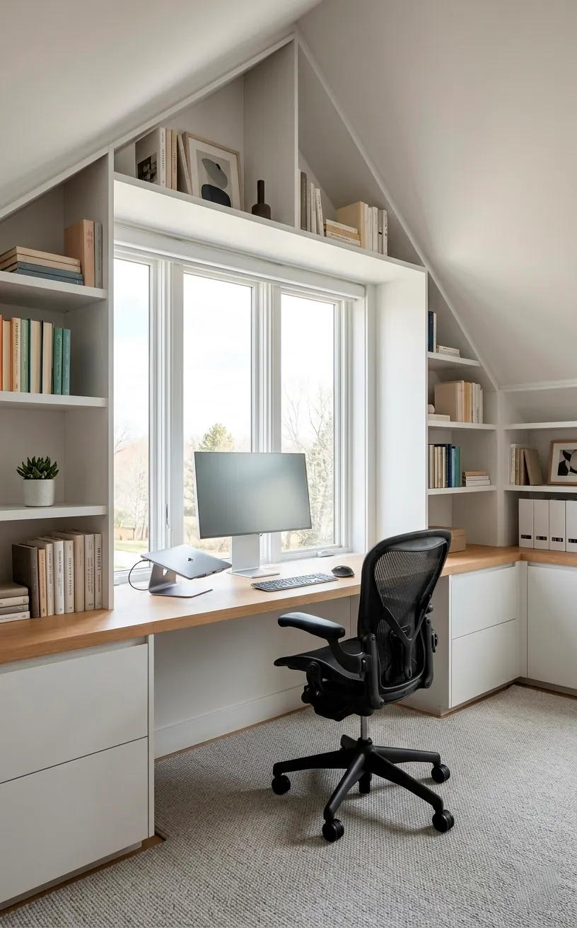 Custom attic home office with built-in desk and integrated storage units.