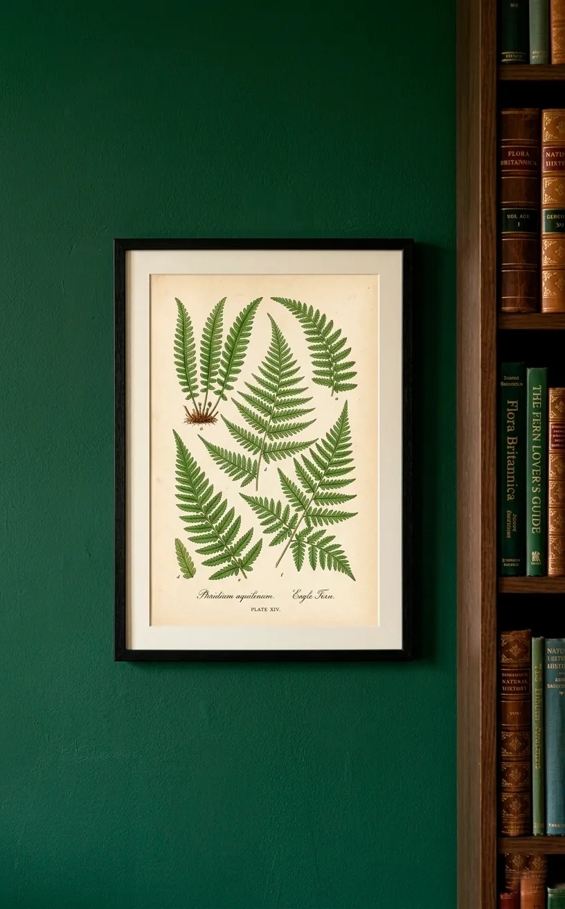 Vintage botanical fern art print framed on a dark green wall in a home library.