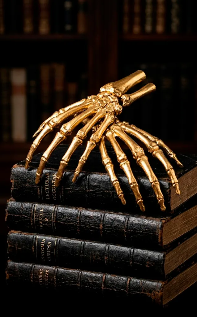Gold metallic skeleton hands resting on black vintage books in a moody, high-end setting.