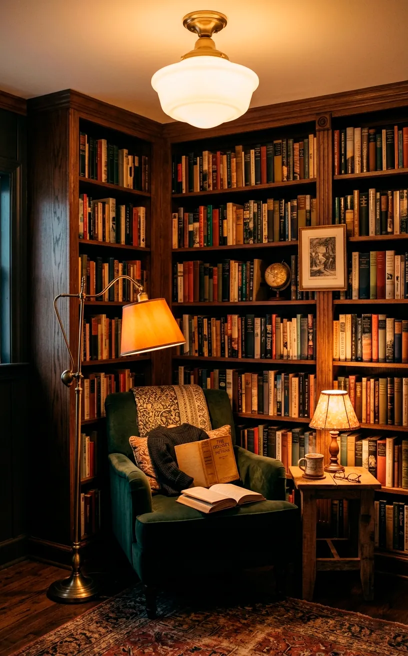 A layered lighting setup in a library featuring a floor lamp, table lamp, and soft overhead light.