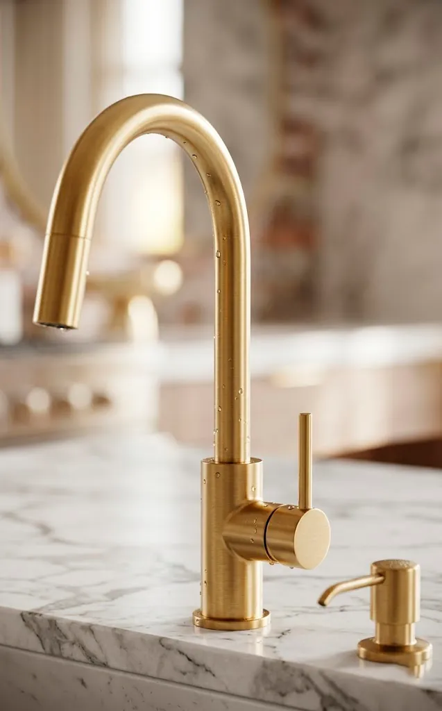 Close-up of a premium brushed gold bathroom faucet on a white marble vanity.