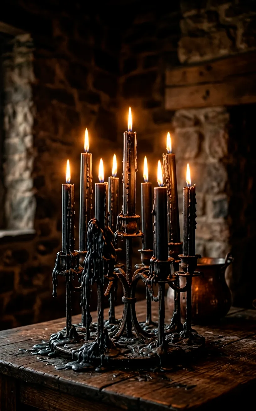 Flickering black taper candles with dripping wax on a Thanksgiving table.