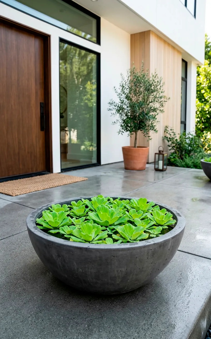A modern concrete bowl mini container pond filled with floating water lettuce on a minimalist porch.