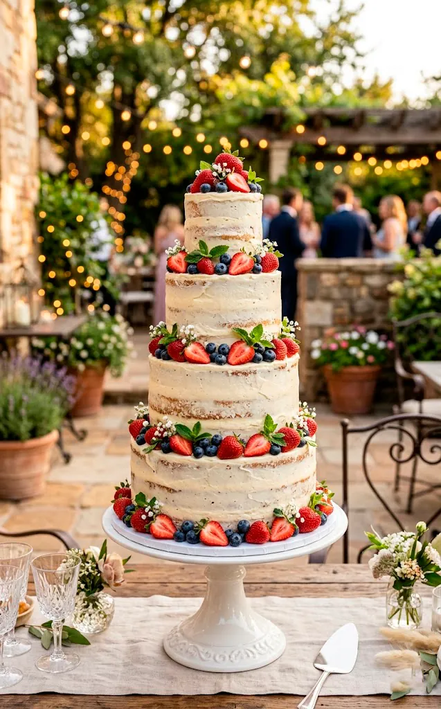Elegant vanilla cake with berries on a white ceramic pedestal stand