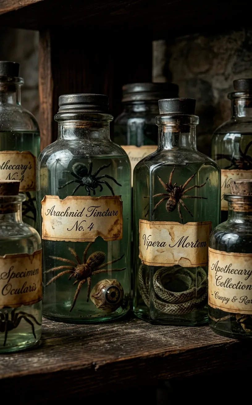 Antique glass apothecary jars with murky water and creepy specimens on a dark shelf with vintage labels.