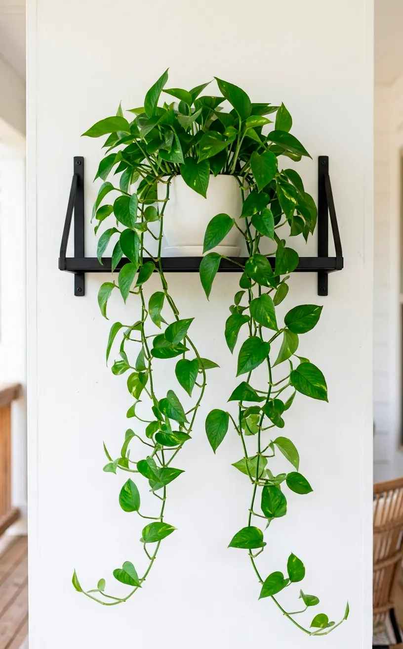 Vibrant trailing pothos plant cascading down from a black floating shelf on a small front porch wall.
