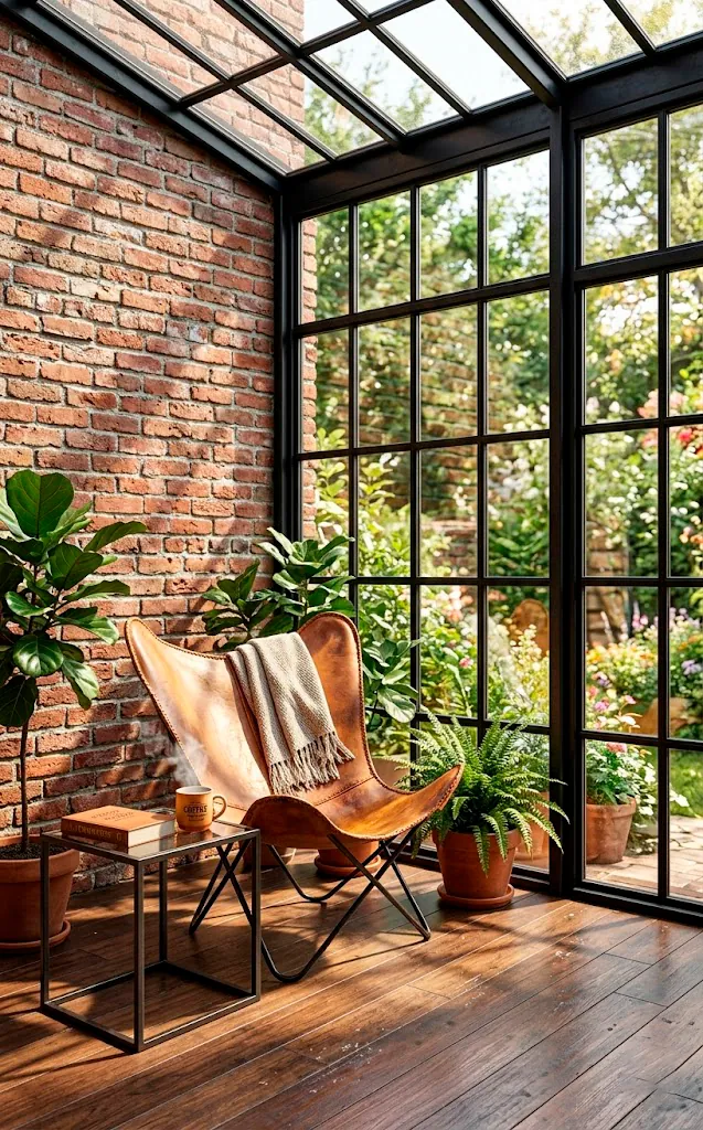 Industrial sunroom interior featuring exposed red brick walls and black steel grid windows.