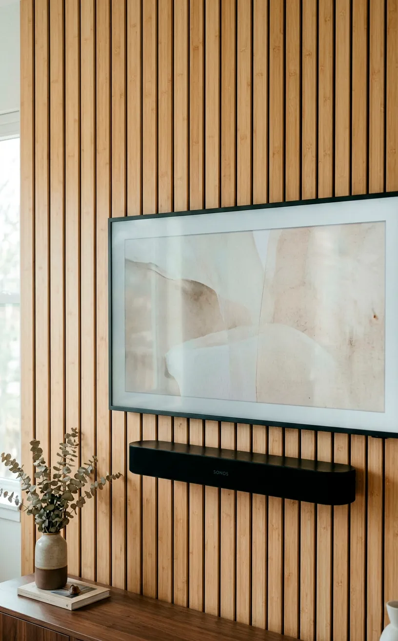 Close-up of vertical light bamboo slatted wall panels holding a modern TV and minimalist black soundbar.