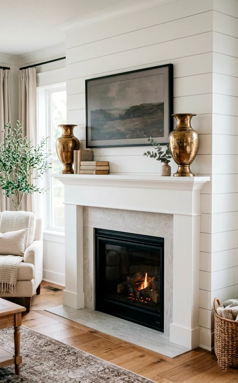 White shiplap fireplace mantel with identical vintage brass urns beside a TV