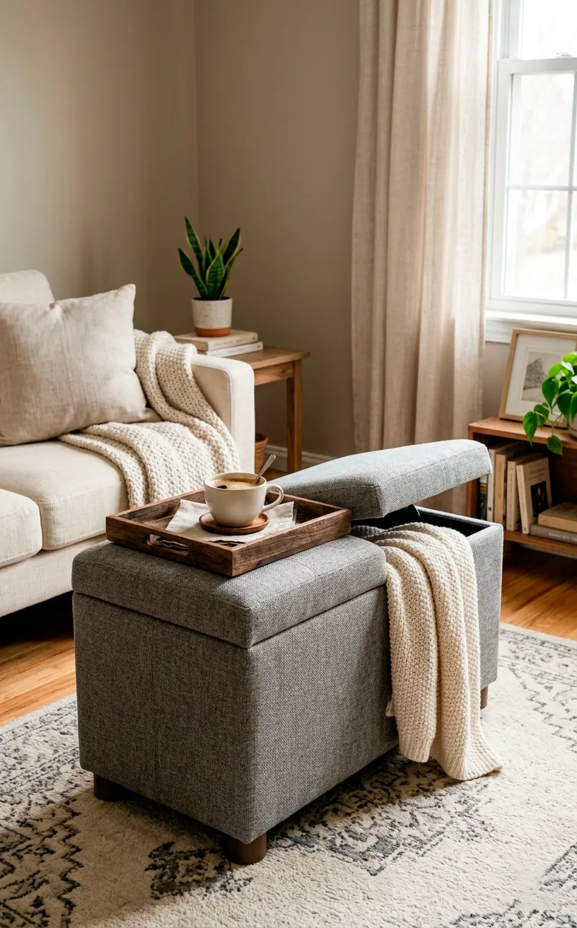 Storage ottoman used as a coffee table in a small studio living room.