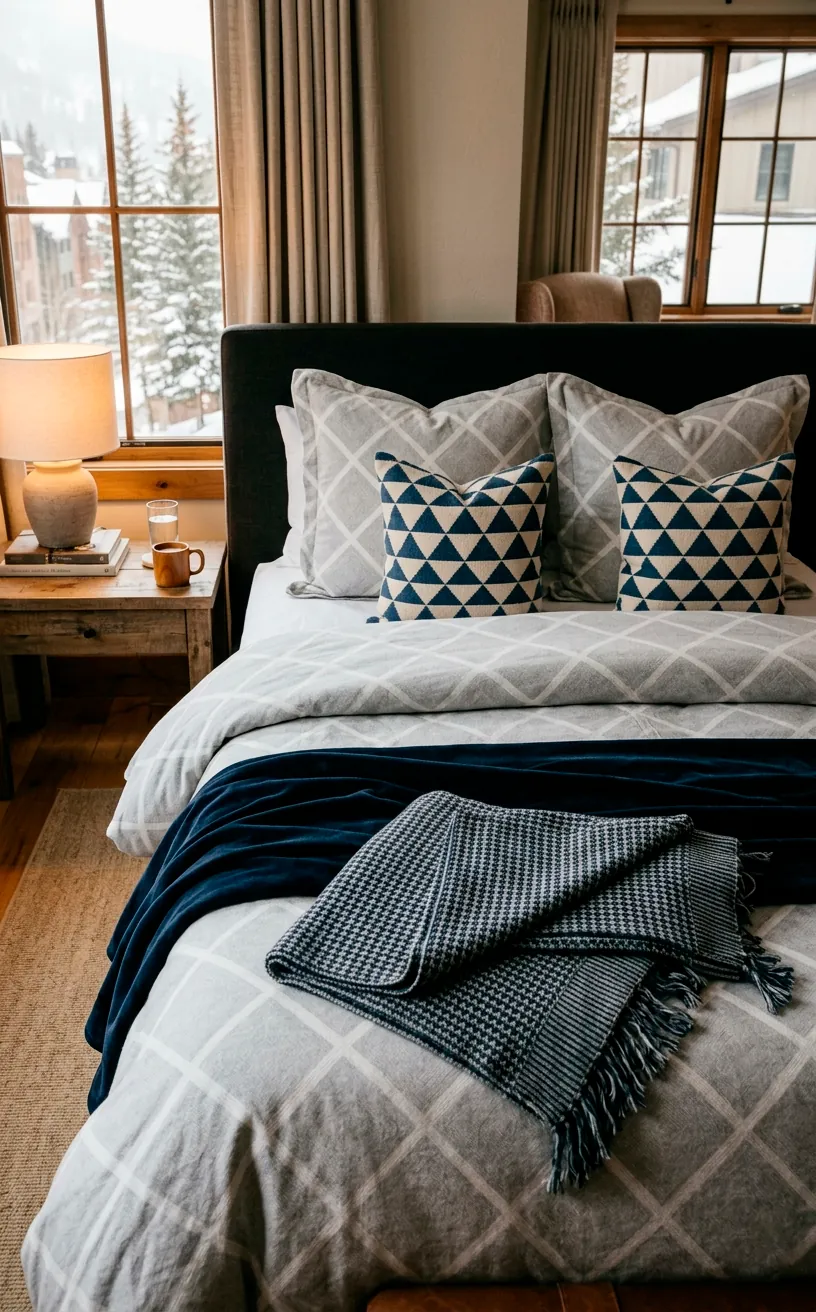 Layered winter bed showcasing large, medium, and small scale geometric patterns