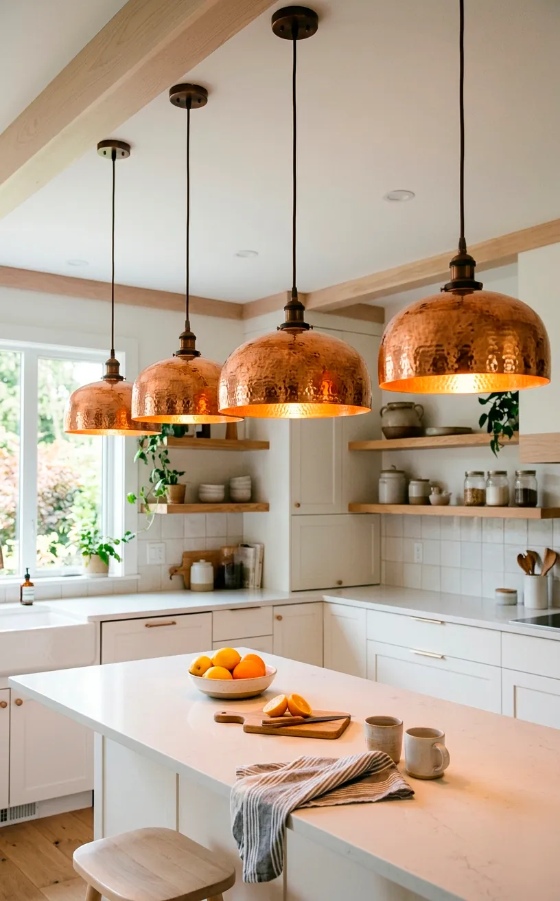Hammered copper pendant lights hanging over a kitchen counter.
