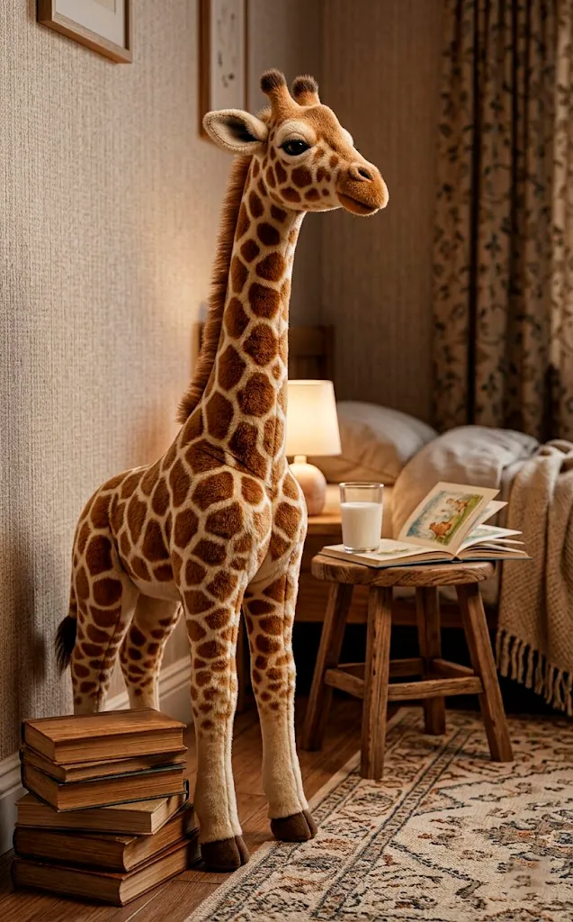 Large realistic plush giraffe toy standing in a jungle-themed children's bedroom nook.