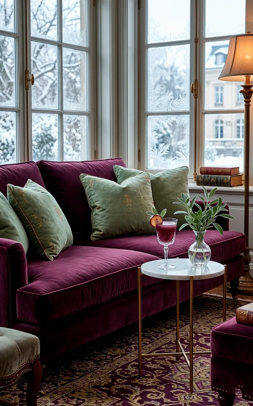 Luxe winter wedding lounge with plum velvet furniture and sage green accents.
