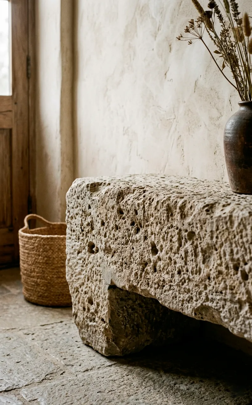 Close-up of a raw limestone entryway bench with pitted texture against a plaster wall