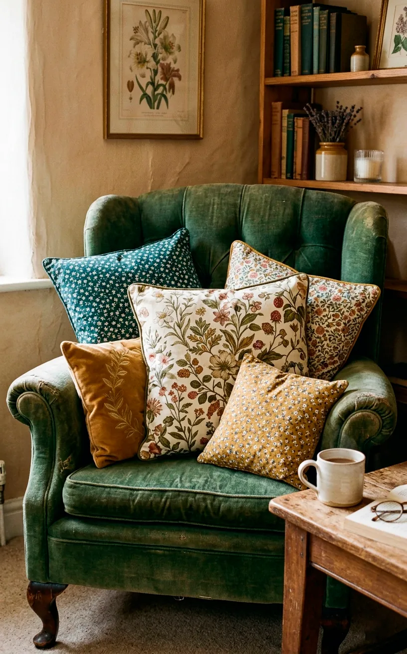 Vintage armchair decorated with mismatched floral and botanical print cushions