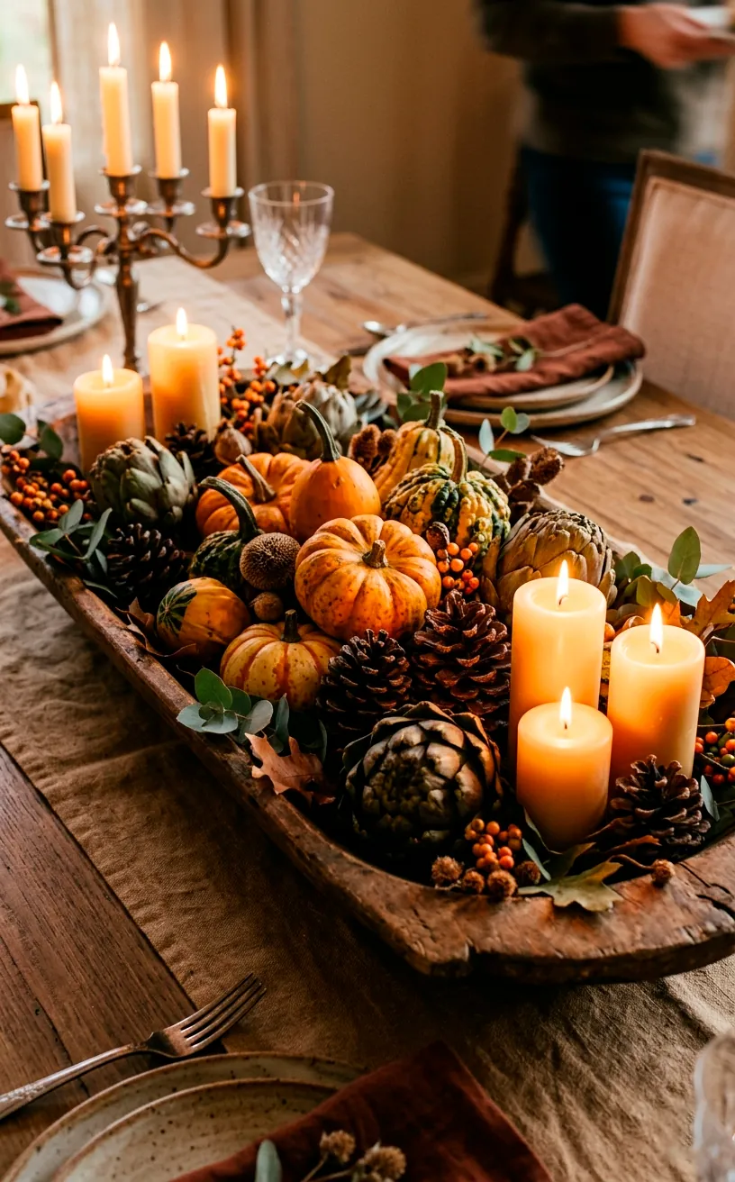 Thanksgiving centerpiece with gourds and pinecones in a dough bowl
