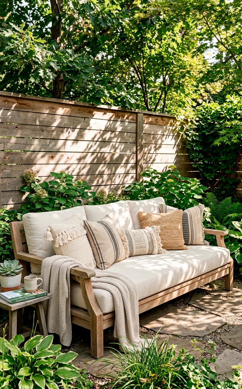 An outdoor convertible sofa-bed with thick cushions set against a wooden privacy fence.