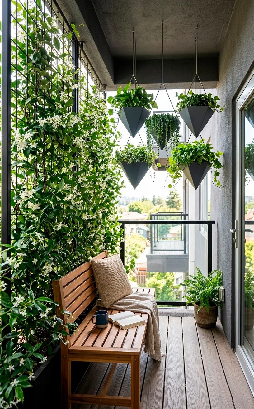 Modern balcony vertical garden featuring a matte black metal trellis with climbing jasmine