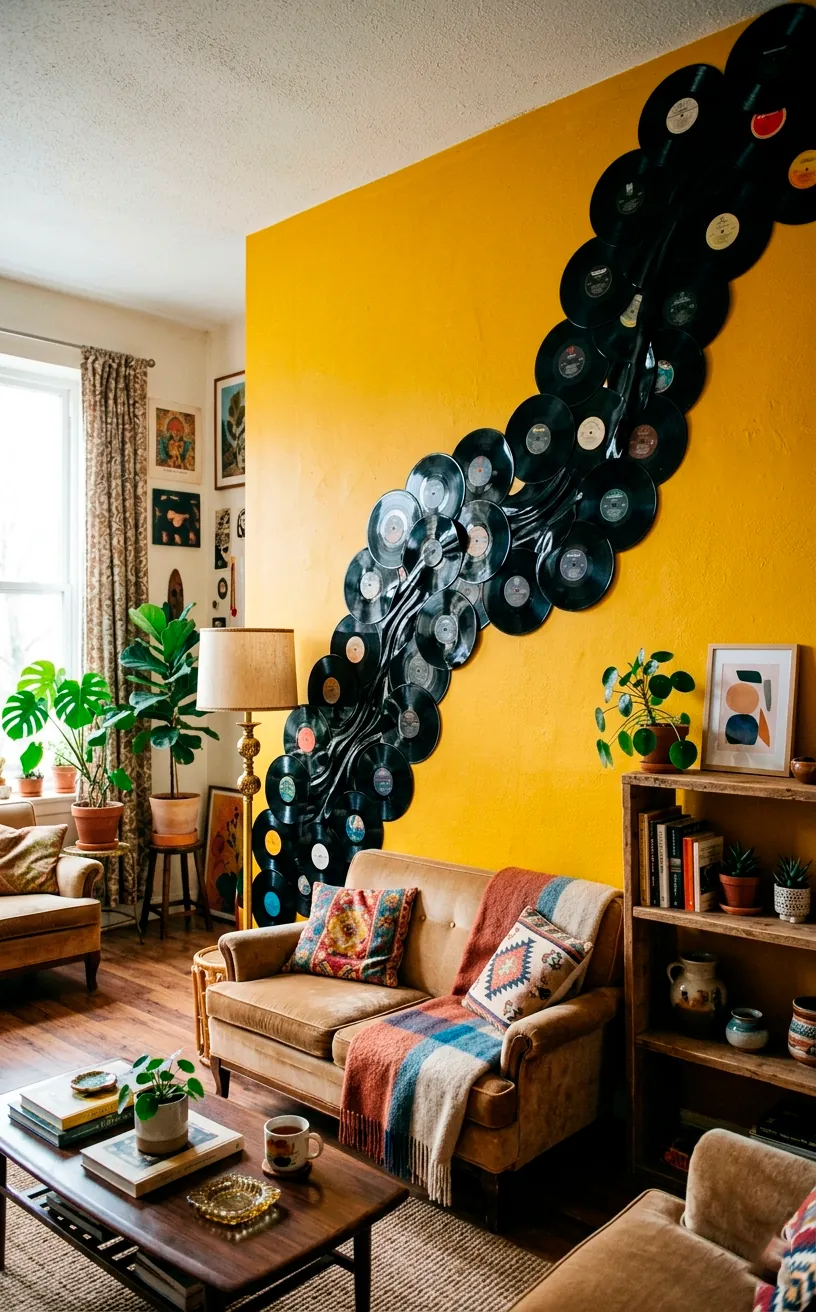 Glossy black vinyl records arranged in a wavy 3D wall sculpture on a mustard yellow wall.