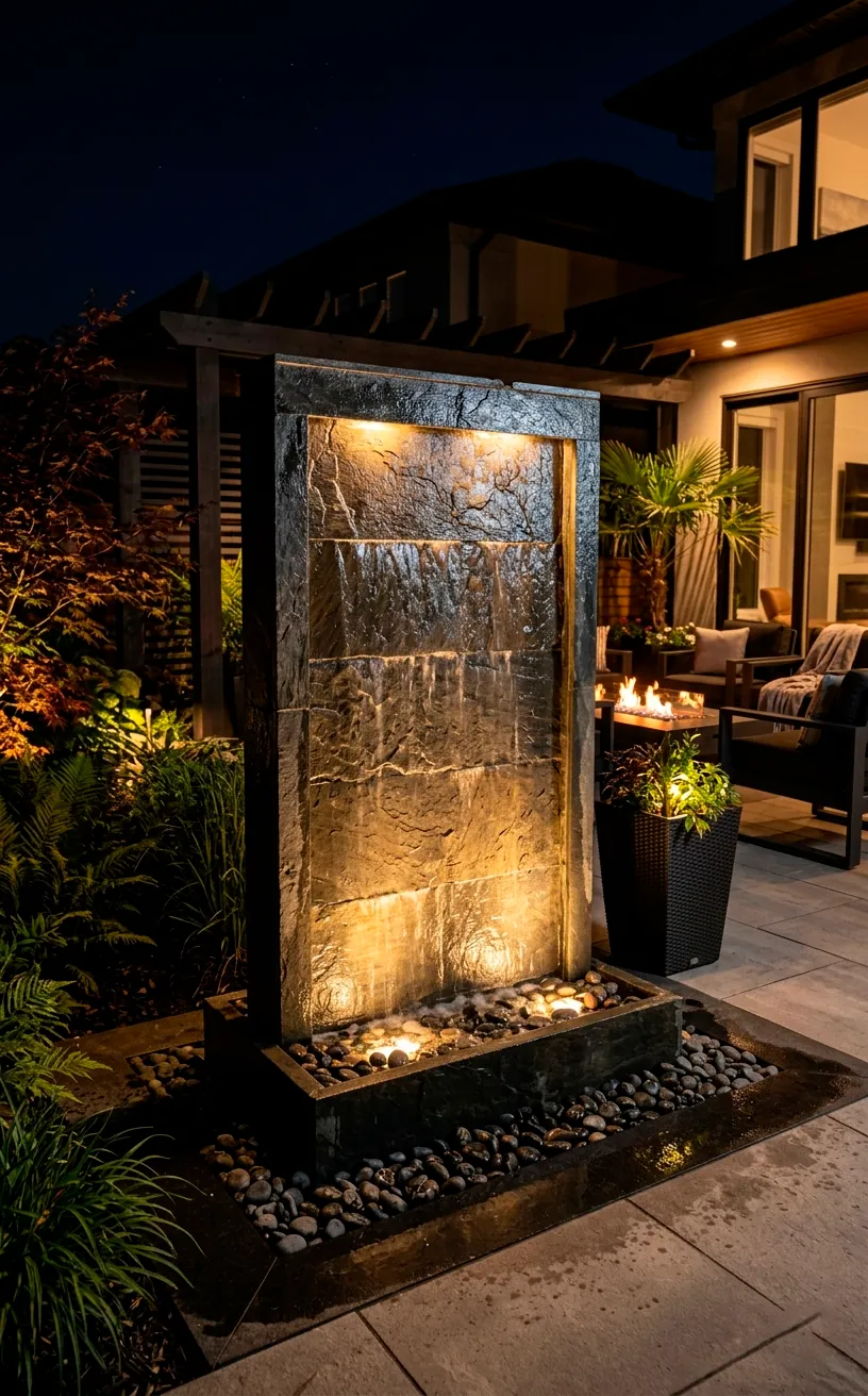 Luxurious freestanding slate water wall fountain on a patio at night.