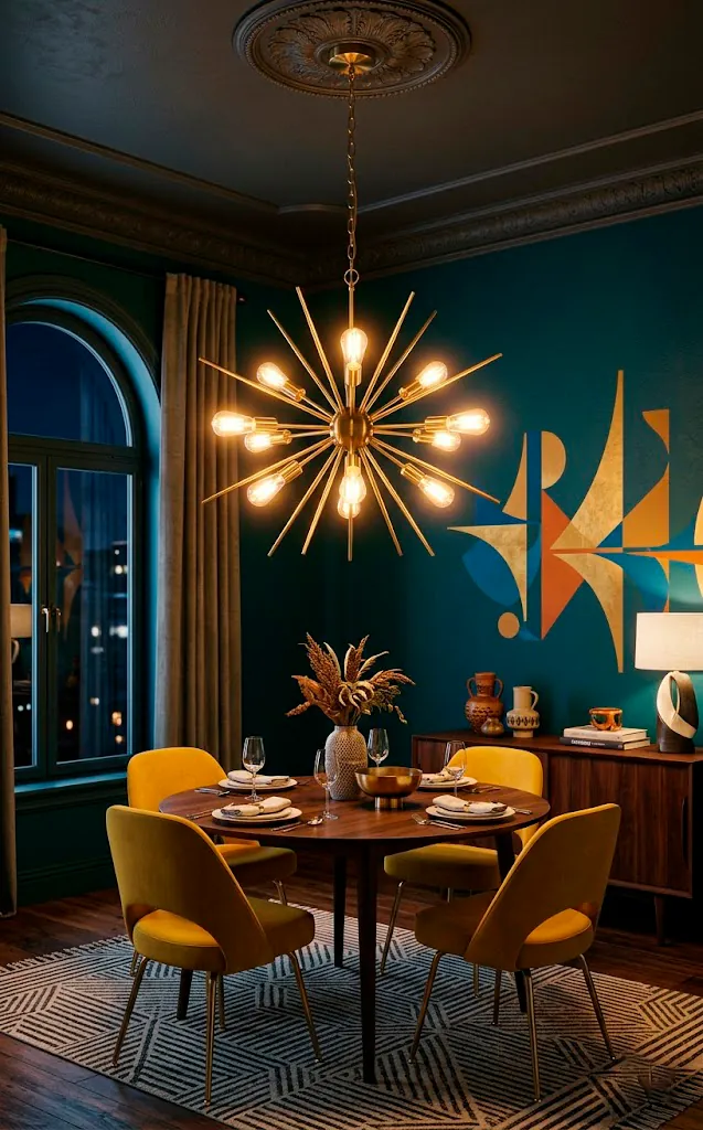 Mid century atomic starburst chandelier with warm LED bulbs in a retro dining room.
