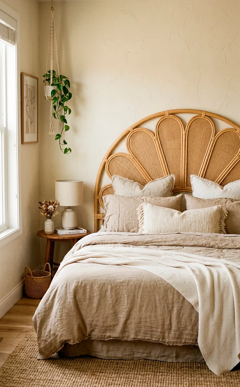 Curved petal design rattan headboard styled with chunky linen shams in a romantic Scandi-boho bedroom