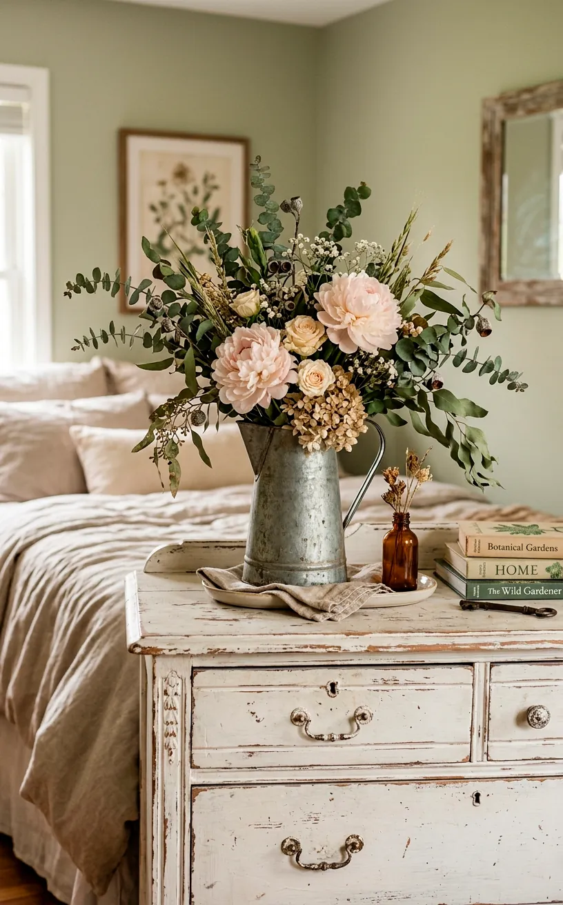 Galvanized metal pitcher filled with eucalyptus and pale pink peonies on a dresser.