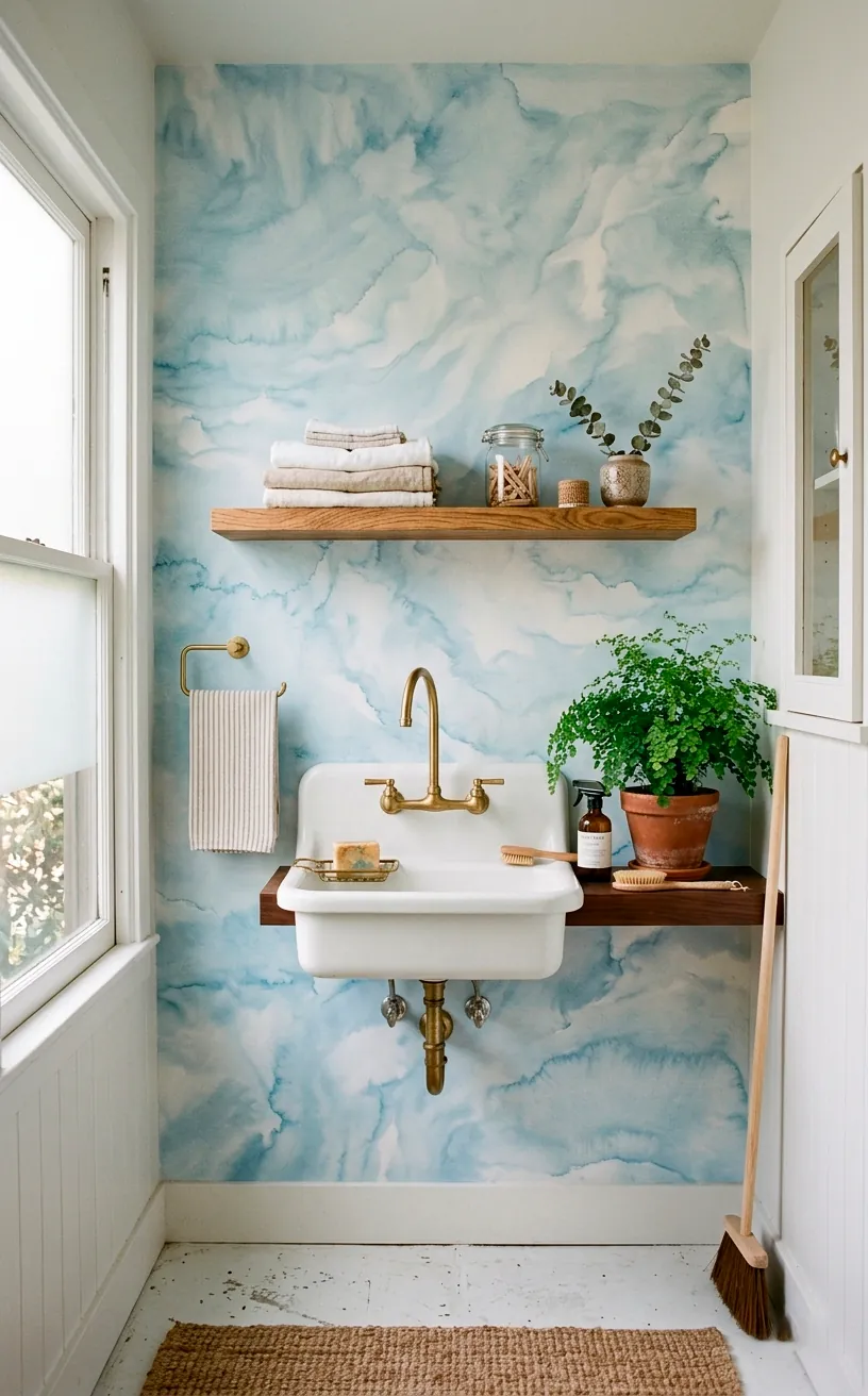Laundry room wall covered in soothing pale blue watercolor wash wallpaper near a utility sink