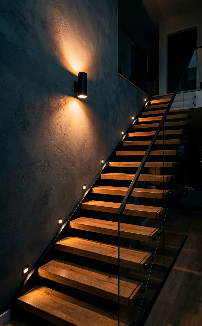 Modern recessed LED step lights and an up-and-down cylinder sconce illuminating a grey staircase wall.