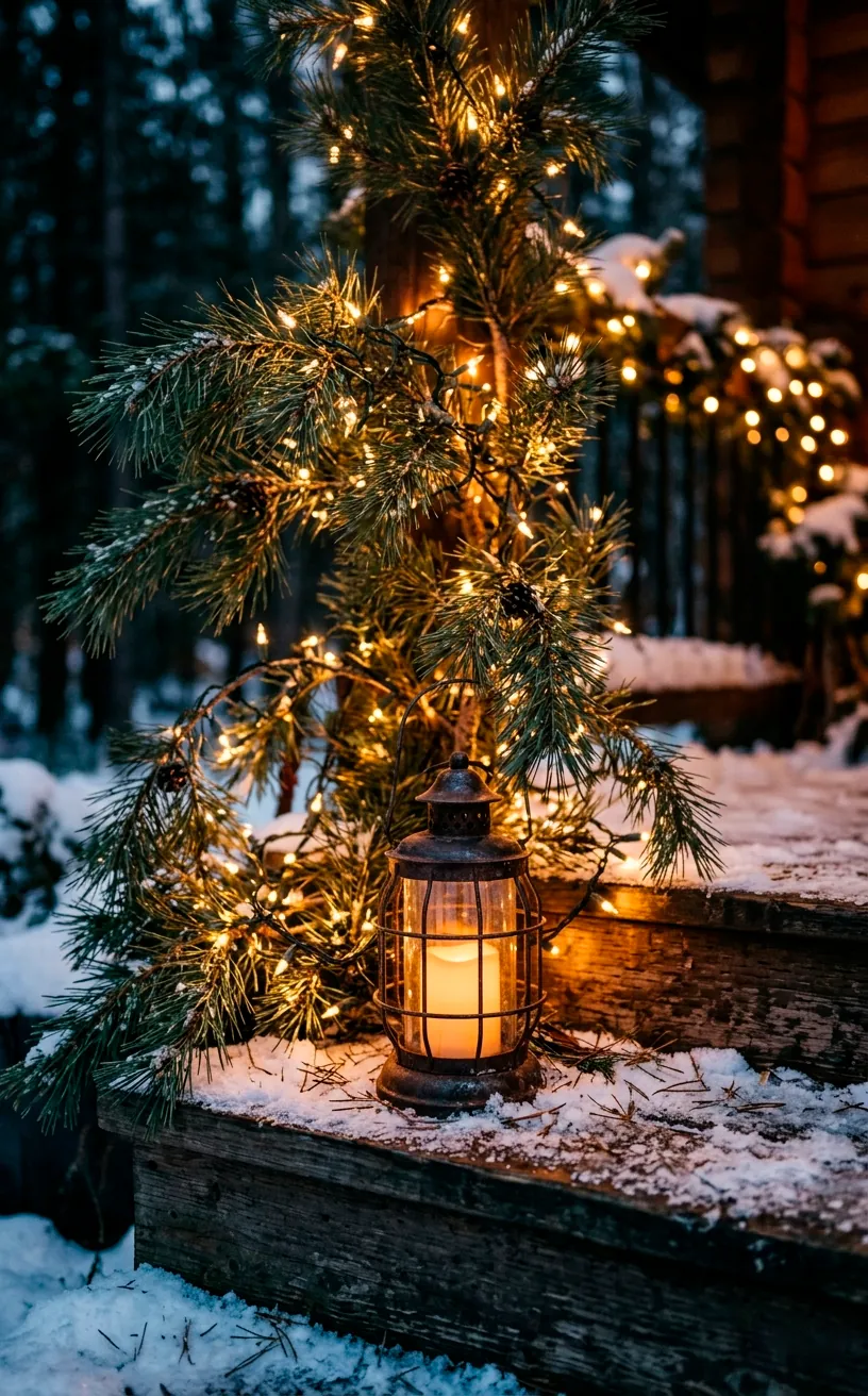 Fresh pine branches wrapped in warm white LED fairy lights near a rustic battery-operated lantern on a porch.